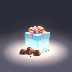 Open gift box with chocolates beside it, softly lit in festive atmosphere, celebration concept