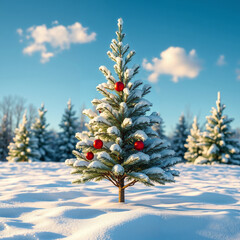 Snow-covered Christmas tree with red ornaments in a winter landscape, festive holiday concept