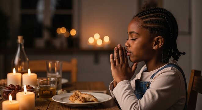 Young African American girl praying at the dinner table. Child saying grace before a meal by candlelight. Faith and gratitude concept
