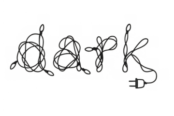 Text reading dark formed by a tangled black power cable and an electrical plug, representing electricity and power concepts