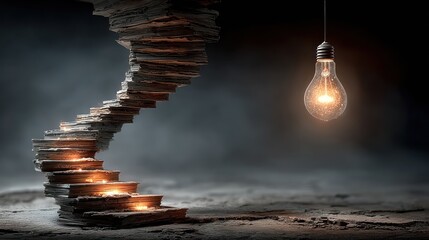 Conceptual image of a lightbulb with stairs made of books representing progress and learning