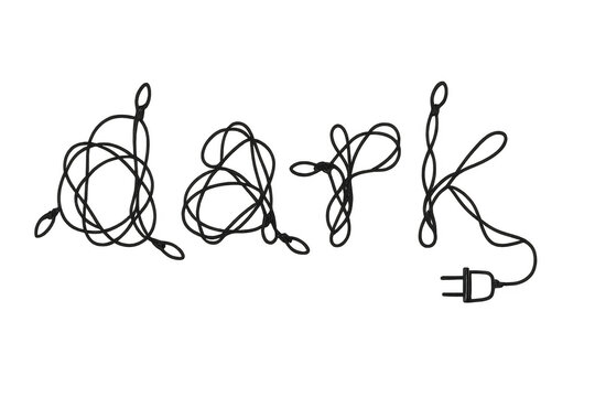 Text reading dark formed by a tangled black power cable and an electrical plug, representing electricity and power concepts