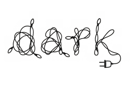 Text reading dark formed by a tangled black power cable and an electrical plug, representing electricity and power concepts