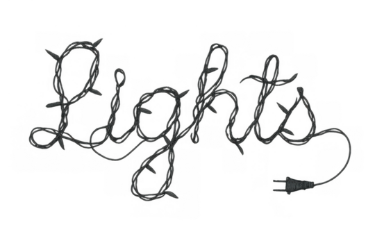 Unlit string lights forming lights text with a power plug, festive decoration element on transparent background