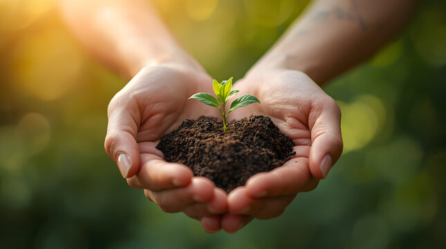 Hands holding a young green plant growing in soil - Powered by Adobe