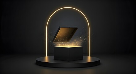 Black box with golden light mystery gift reveal concept