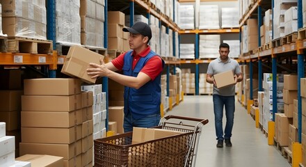 Warehouse workers moving boxes inventory management