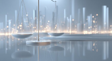 A balance scale in a modern city background symbolizing justice and the pursuit of equality in a professional context.