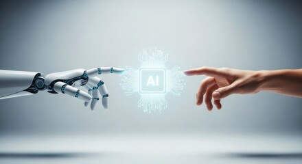 Fototapeta na wymiar Artificial intelligence concept with robotic and human hands, glowing AI microchip interface, digital transformation and future technology