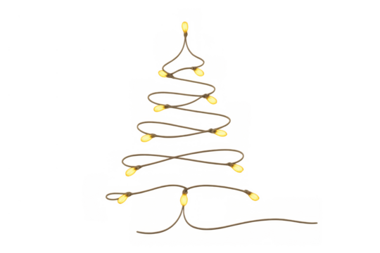 Christmas tree shape made from glowing string lights, festive holiday decoration, minimalist design on transparent background