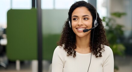 Customer support agent with headset smiling portrait