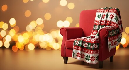 Cozy christmas armchair with blanket and bokeh background