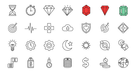 Set of outline icons representing time, gems, health, business, and finance, presented on a black background, suitable for graphic and web design, apps, adverts, and various cards, in a clean vector