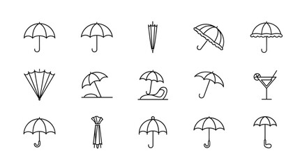 Collection of various umbrella and parasol line art icons on a white background, including closed, open, and beach umbrellas, a fan, and a cocktail glass, perfect for weather, travel, or fashion