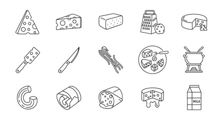 A diverse collection of minimalistic linear pictograms representing various cheese types and related items, including wedges, blocks, grated cheese, fondue, pasta, and milk, perfect for web and
