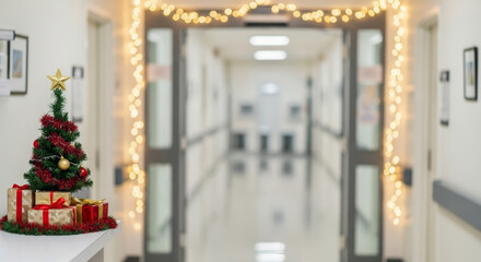 Holiday decorations christmas new year workplace festive tree with gifts and lights creating cheerful atmosphere in decorated corridor