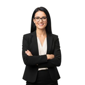 Professional woman with glasses and black suit smiling with arms crossed, looking confident isolated on transparent background
