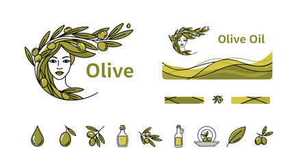 Set of olive oil related icons and design elements, including a stylized woman's profile with olive branches in her hair, olive branches with olives, olive oil bottles, a drop of oil, and abstract