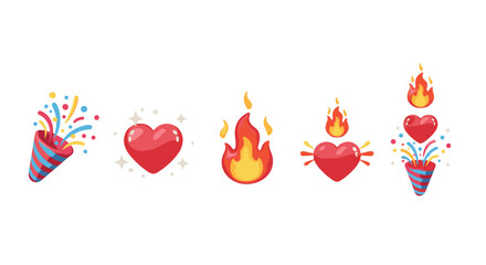 A vibrant collection of 3D emoji icons, featuring a festive party popper exploding with confetti, a radiant red heart surrounded by sparkling stars, a fiery flame, a heart pierced by arrows with