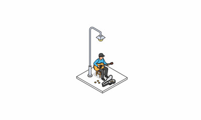 Musician Playing Guitar Under Streetlight, Isometric Illustration.