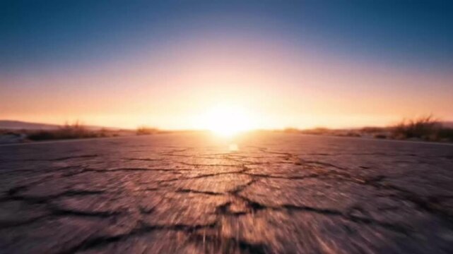Dynamic road journey at sunrise with cracked asphalt and bright sky