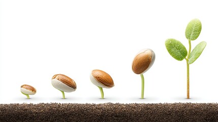 Depicts the progression of a seed growing into a young plant, illustrating different growth stages from seed to emerging leaves.
