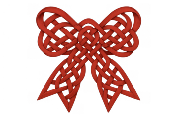 Red ribbon forming a complex celtic knot bow, symbolizing celebration, gift, love, and intricate design. Transparent background