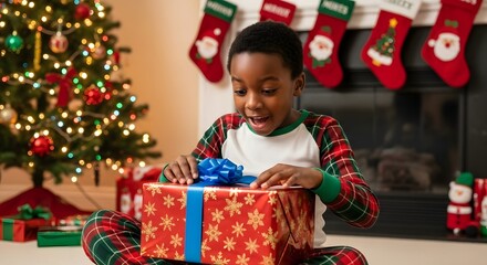 Boy opening christmas gift surprise excited holiday joy
