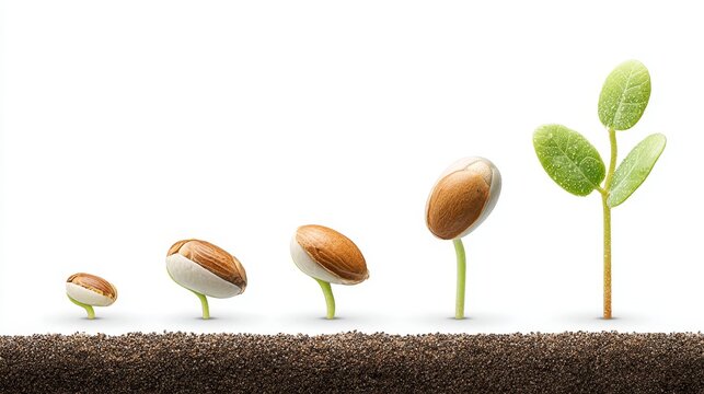 Depicts the progression of a seed growing into a young plant, illustrating different growth stages from seed to emerging leaves.