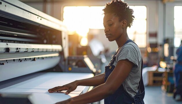 Print Press Operator Aligning Paper Sheets on Offset Machine