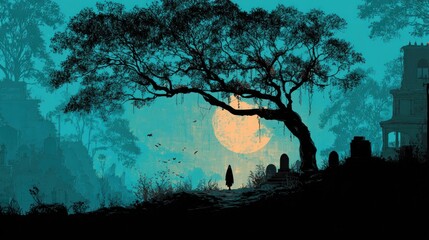 Silhouette of a tree with a full moon and a cemetery in the dark night