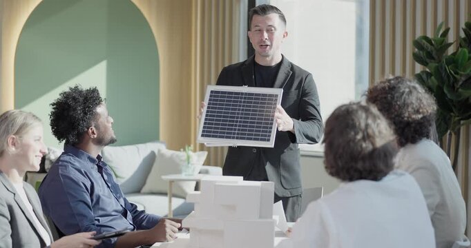 Startup team assess efficiency in renewable resource usage. Calculate cost saving for sustainable building improvements, like solar panels. Plan eco-friendly changes, conscious electricity consumption