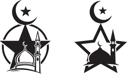 Graphic Islamic Mosque Minaret within Star and Crescent Moon Symbols
