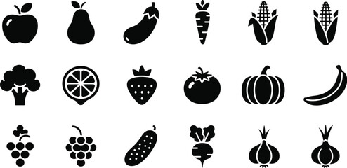 Collection of black silhouette icons for fruits and vegetables