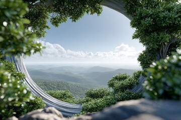 A circular frame of lush greenery presents a panoramic view of a mountainous landscape under a clear sky with clouds.