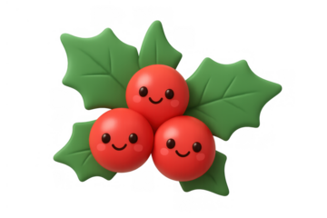 Holly berries 3d cartoon emoji with cute smiley faces, representing christmas and holiday cheer on transparent background
