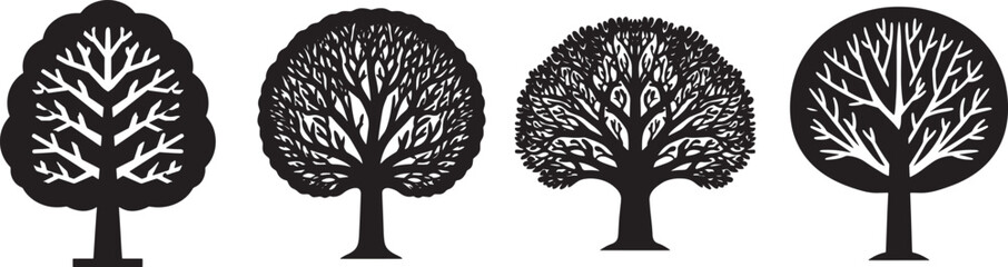 Naklejka premium Silhouette of four stylized deciduous trees in black and white with bare branches and distinct circular to oval canopy designs