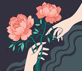 Surreal Abstract Illustration: Hands Reaching for Peony Blossom