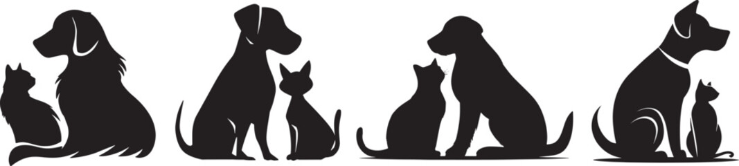 Dog and Cat Silhouettes Set Vector Illustration of Pet Animals Sitting Together