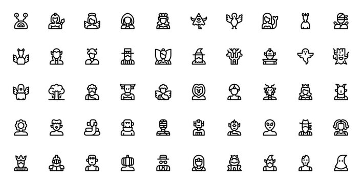 Fantastic characters vector icon set. Mythical creatres and legendary heroes cllection. Includes monster dragon, unicorn, ninja, sperhero, zombie, robot, alen and more. Editable stroe.