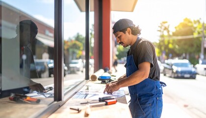 Sign Fabricator Applying Vinyl Lettering to Storefront Window