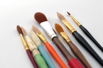 Fototapeta premium Assortment of New Paintbrushes on a Clean White Surface A flat lay arrangement of various new paintbrushes of different sizes and shapes, neatly organized on a pure white, seamless background. Studio