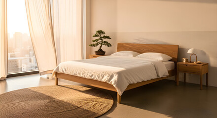 A serene bedroom bathed in warm, golden sunlight streaming through sheer curtains, featuring a wooden bed and minimalist decor.