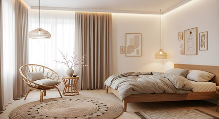 A serene and minimalist bedroom with natural light, featuring a wooden bed, rattan chair, and earthy-toned decor.