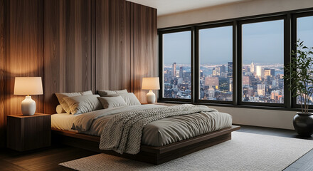 A luxurious bedroom with a large bed, wooden walls, and a panoramic view of a city skyline at dusk.