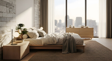 A serene bedroom with a large window overlooking a city skyline, featuring a wooden bed and dresser, and a bedside table with a lamp and plant.