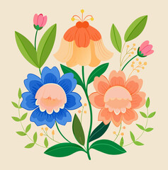 Vibrant Spring Floral Illustration with Colorful Blooms and Bellflowers