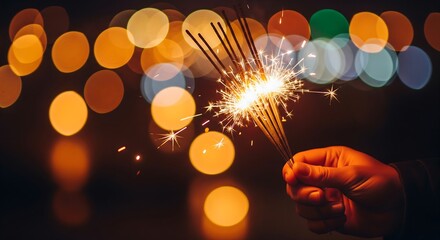 A hand holding multiple lit sparklers against a bokeh background of colorful lights at night.