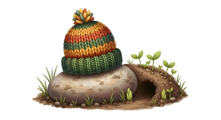 Winter Hat on Rock Near Burrow Illustration.