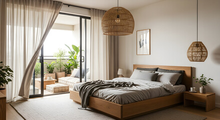 A beautifully designed bedroom with a wooden bed frame, neutral bedding, and large windows opening to a balcony with lush greenery.